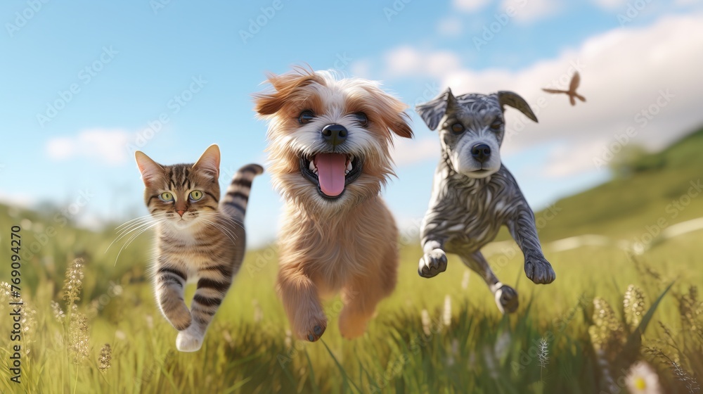 Cute Funny Dog and Cat Group Jumps and Running

