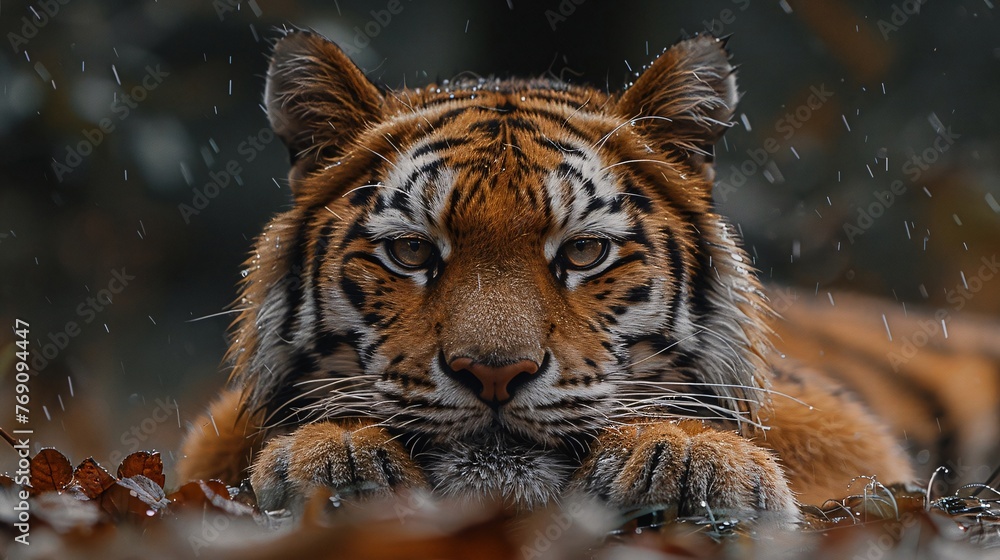 Close-up of a tiger's face resting on its paws with a focused gaze, raindrops falling around