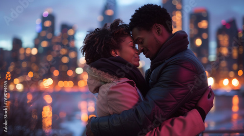 Interracial Couple Embracing in Front of City Skyline