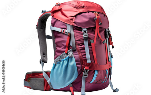 A pink backpack adorned with vibrant blue and red straps