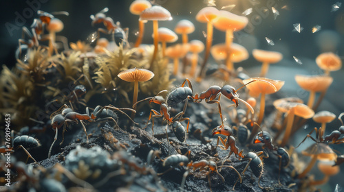Small Orange Mushrooms Growing on Rock photo