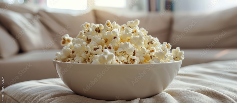Popcorn in a bowl for movie night on a beige sofa. Unhealthy snack concept. Popcorn in a bowl for movie night on a beige sofa. Unhealthy snack concept.