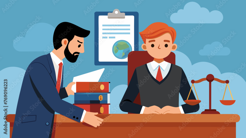 A courtroom scene with a lawyer representing a business client in a contract dispute case. A courtroom scene with a lawyer representing a business client in a contract dispute case.
