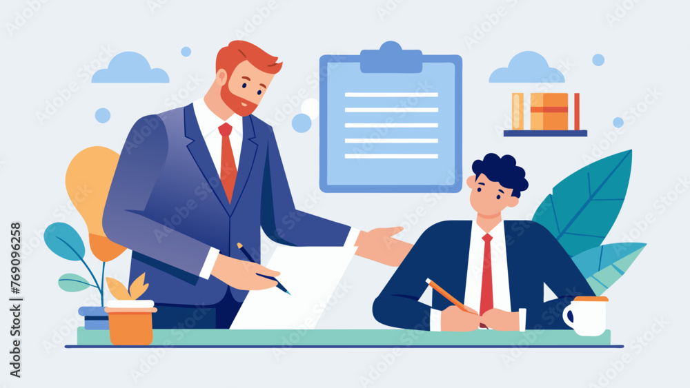 A drawing of a business owner signing a document with a lawyer standing by symbolizing the partnership between legal advisors and businesses to