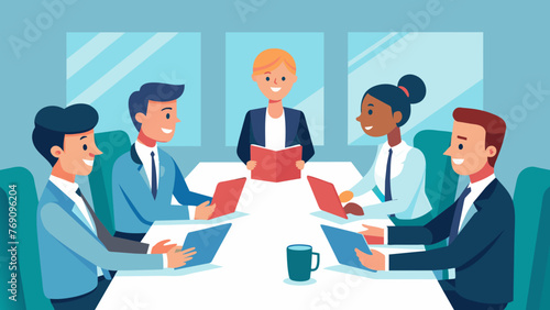 A group of corporate lawyers and exeives sit around a large conference table with a binder of legal documents open in front of them. They are