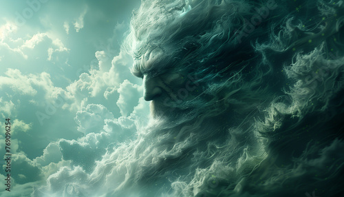 The face of an angry God among the clouds. Biblical Apocalypse