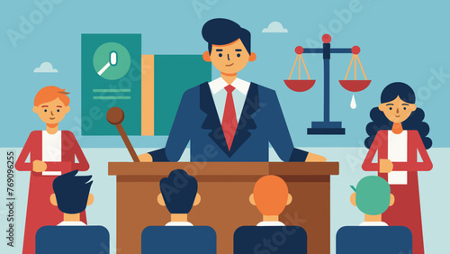 A lawyer giving a presentation in front of a panel of judges and jury using visual aids to support their argument in an employment law case.