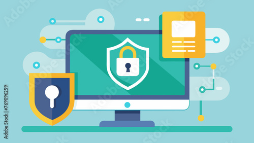 A computer is shown with a lock symbol on the screen representing the importance of protecting trade secrets through digital security measures.