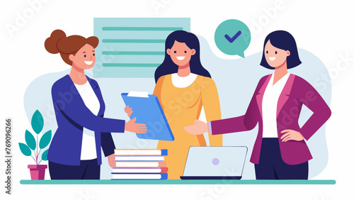 Two women in business attire shake hands with their legal advisor after finalizing a deal with a stack of contract papers and a laptop open in