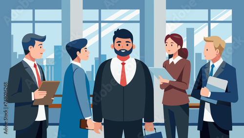 A man in a suit stands beside his legal team discussing a potential lawsuit with a group of lawyers in a busy office lobby.