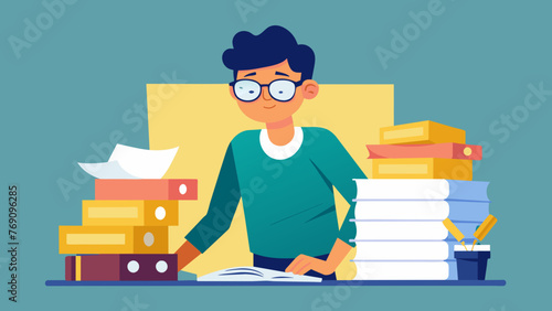 With a set of eyeglasses perched on their nose a persons hands deftly arrange stacks of papers and files expertly organizing the necessary