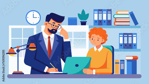A legal advisor leans over a desk pointing at a complex tax document while speaking with an entrepreneur on the phone. The advisors office is