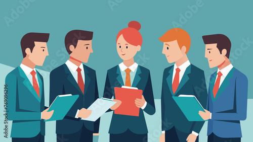 A group of lawyers wearing suits and holding notepads participate in a strategy meeting as they yze the strengths and weaknesses of each company