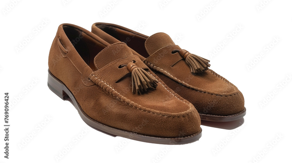 Chic men's loafers with a suede finish and tassel detail, featuring a comfortable fit and sophisticated charm, captured in lifelike against a pristine white backdrop Chic men's loafers with a suede finish and tassel detail, featuring a comfortable fit and sophisticated charm, captured in lifelike against a pristine white backdrop