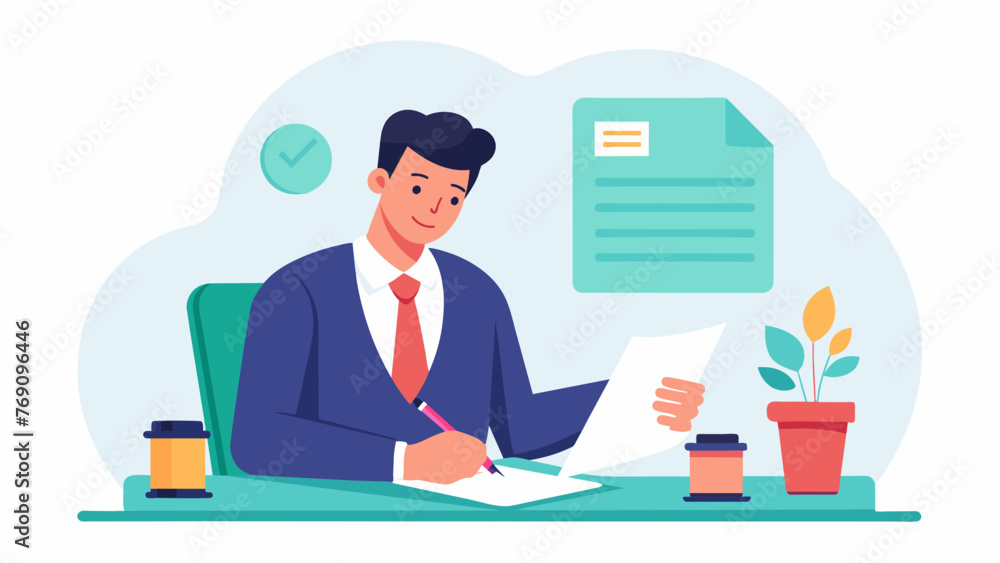A business owner reviewing a franchise contract with a keen eye while sitting at a desk with a legal documents sign. A business owner reviewing a franchise contract with a keen eye while sitting at a desk with a legal documents sign.