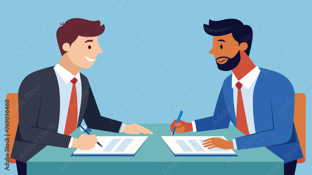 Two business partners sit across from each other at a conference table signing and exchanging signed copies of a contract. Two business partners sit across from each other at a conference table signing and exchanging signed copies of a contract.