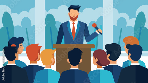 A lawyer dressed in a suit speaking to a large audience of business professionals about the importance of abiding by international laws and