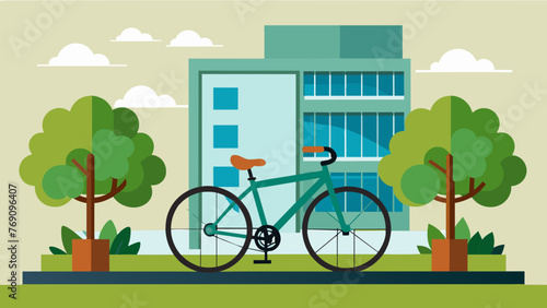 A bike rack is installed outside the office building encouraging employees to reduce their carbon emissions by biking to work instead of