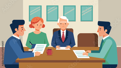 A court stenographer recording the details of a partnership agreement being read out loud in a boardroom while the parties involved sit at