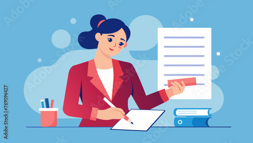 A woman in a business suit carefully organizes and labels different sections of a contract to ensure accuracy and legality.