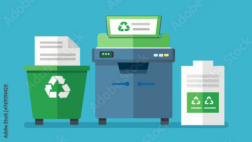 A recycling bin with a sign reading Paper Only is prominently displayed next to a copy machine demonstrating the offices commitment to