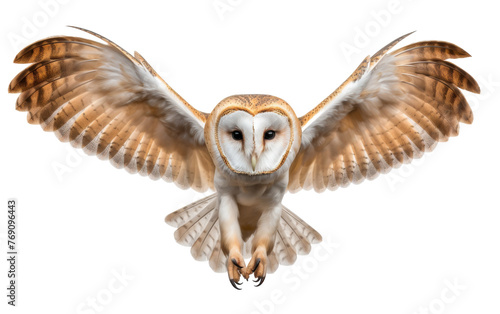 A majestic owl flies gracefully with its wings outstretched in a night sky