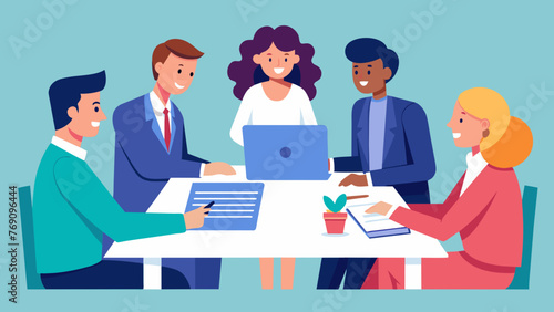 A group of business professionals sit at a conference table engaged in a discussion about the terms of a distribution contract. One person is