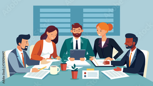 A group of lawyers and business exeives gathered around a conference table poring over stacks of legal documents related to product safety laws