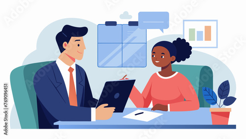 A legal advisor meets with a franchisee in their office going over the financial obligations outlined in the franchise agreement and answering