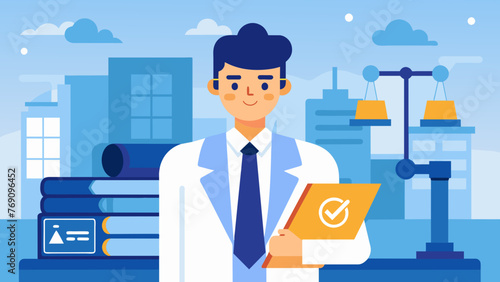 A lawyer stands in a factory setting proudly displaying a Compliant with Product Safety Regulations label that their law firm helped the