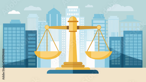 A closeup of a shiny golden balance scale symbolizing fairness and impartiality against a backdrop of blurred office buildings. Text reads Law