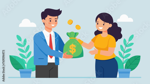 A graphic image of a business owner handing over a money bag to a customer with the words Ensuring fair business practices with proper consumer