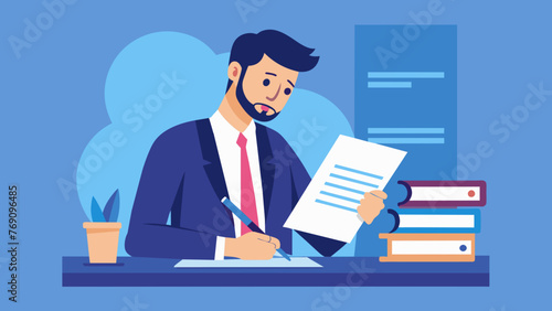 A CEO is sitting at their desk reviewing a stack of papers labeled Bylaws Revision Plan with a pen in hand.