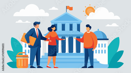 Two individuals shaking hands in front of a courthouse symbolizing the patent law agreement for their digital product.