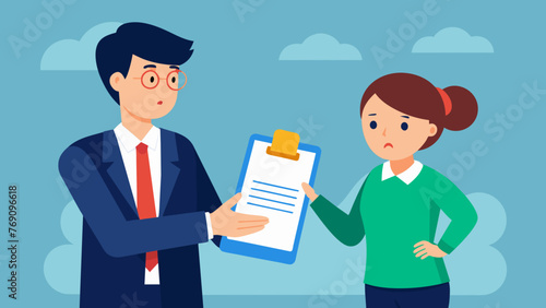 A photo of a person holding a legal document with a concerned expression on their face while a person in a suit stands next to them providing