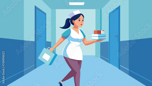 A nurse rushes down a hospital corridor carrying a tray of medication with a concerned look on her face.