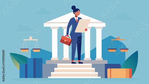 A person standing at a courthouse steps holding a briefcase and a thick stack of papers representing the resourcefulness and preparedness