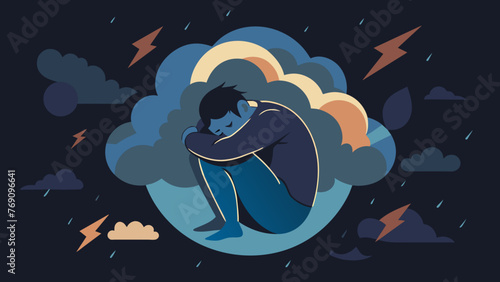 An image of a person curled up in a ball surrounded by dark clouds with flashes of lightning symbolizing the emotional turmoil and distress
