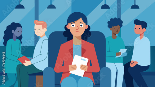 An somberlooking patient holds a stack of medical bills while sitting in a waiting room surrounded by other anxiouslooking patients.