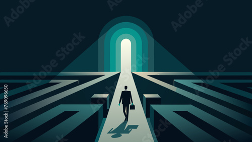 A depiction of a person walking through a dark and confusing labyrinth but with a beam of light shining through at the end symbolizing the hope