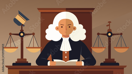 A courtroom scene with a judge sitting behind the bench wearing a powdered wig and holding a gavel. In the foreground a table displays a pair
