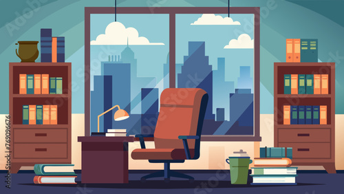 A shot of a lawyers private office with a plush leather chair facing a large window with a view of the city a bookcase filled with legal texts