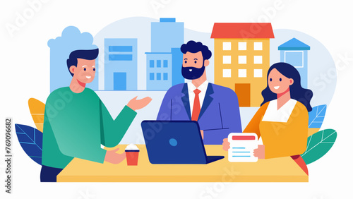 A financial advisor and a lawyer advising a client on the tax implications and legal requirements of investing in a commercial property.