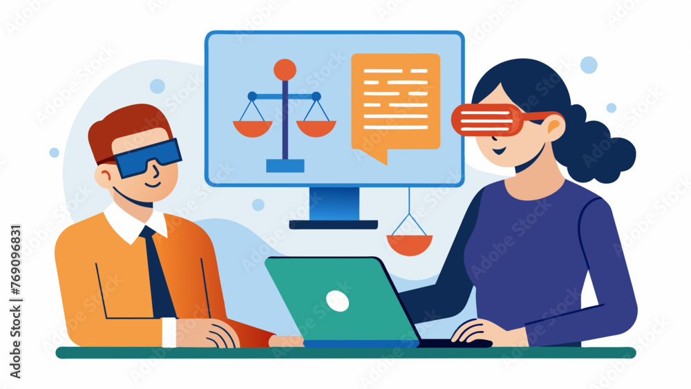 A visually impaired individual using a screen reader to navigate through a website with a lawyer sitting beside them providing legal advice. A visually impaired individual using a screen reader to navigate through a website with a lawyer sitting beside them providing legal advice.