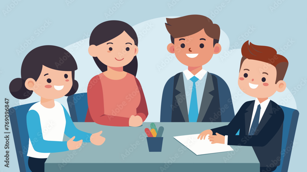 A group of family lawyers sit around a conference table with a young child in the middle discussing the final details of the childs adoption A group of family lawyers sit around a conference table with a young child in the middle discussing the final details of the childs adoption