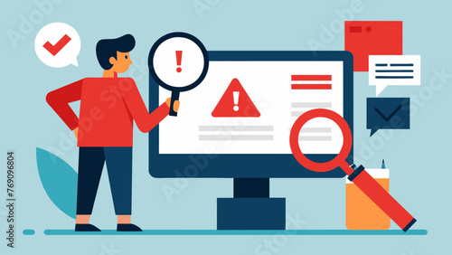 A person holding up a magnifying glass to a computer screen searching for small details and potential red flags in a suious website. Text reads