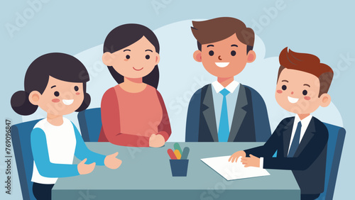 A group of family lawyers sit around a conference table with a young child in the middle discussing the final details of the childs adoption