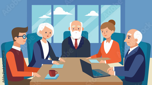 A group of legal professionals including an elderly person and their legal representative sit together in a conference room discussing