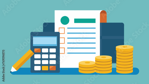 A stack of coins with a calculator and a pen lying on top p on a blank tax form. The image represents the financial considerations and