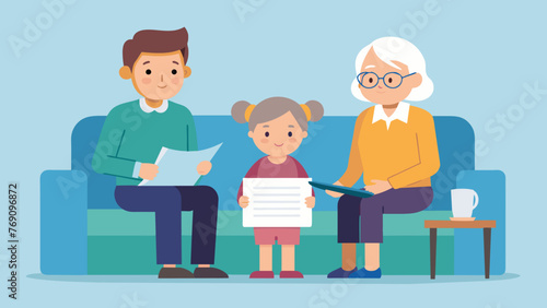 An older couple sits side by side on a comfortable couch while a younger family member sits across from them holding a pen and paper. The